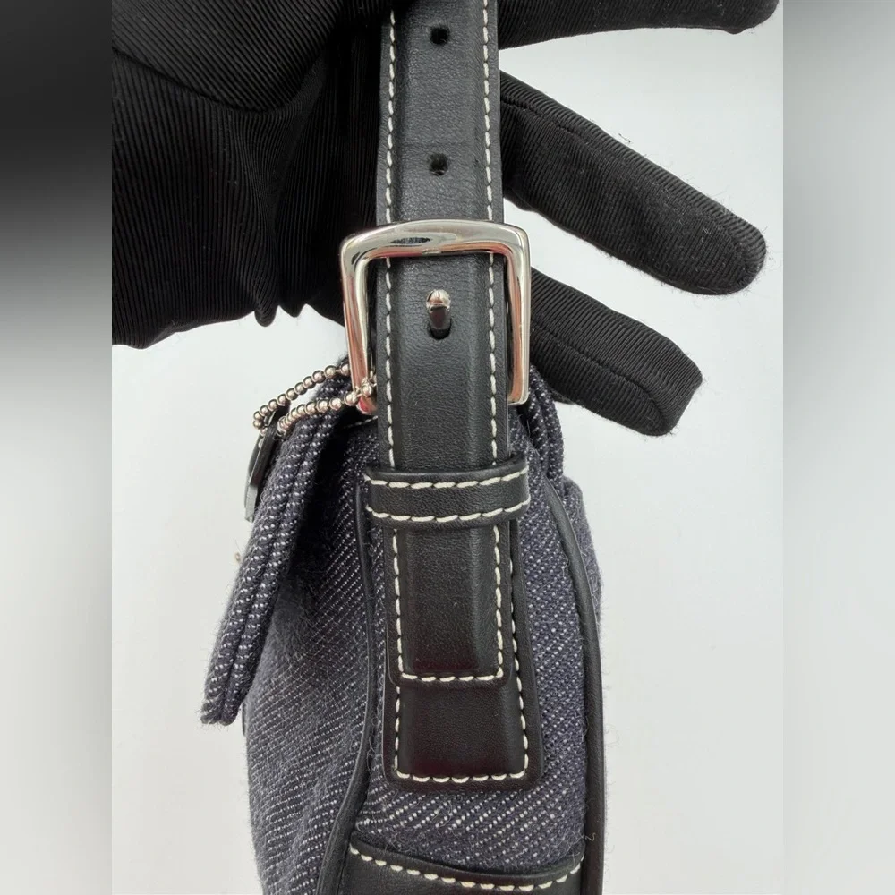 Vintage Coach E0J-7763 Black Denim Wool Flap Shoulder Bag Y2K Baguette Buckle